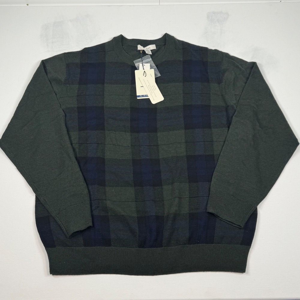 Turnbury Mens XXL Merino Wool Crewneck Sweater Plaid Green Navy Knit Pullover